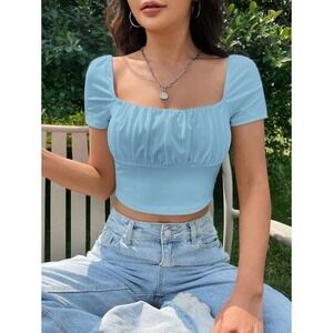 Shein Curve 1X Crop Top‎ Square Neck Short Sleeve Ruched Blouse Shirt